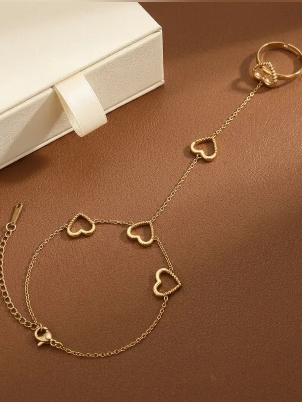 Gold Heart Hand Chain Bracelet Ring Combo Stainless Steel - Picture 3 of 13